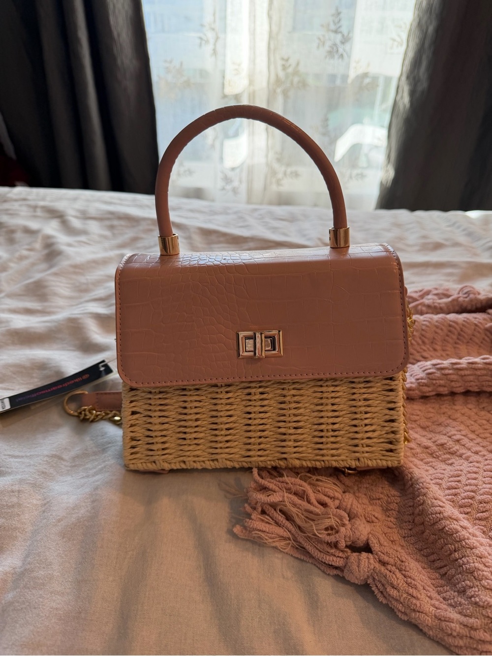 Pink Woven Top-Handle Crossbody Bag